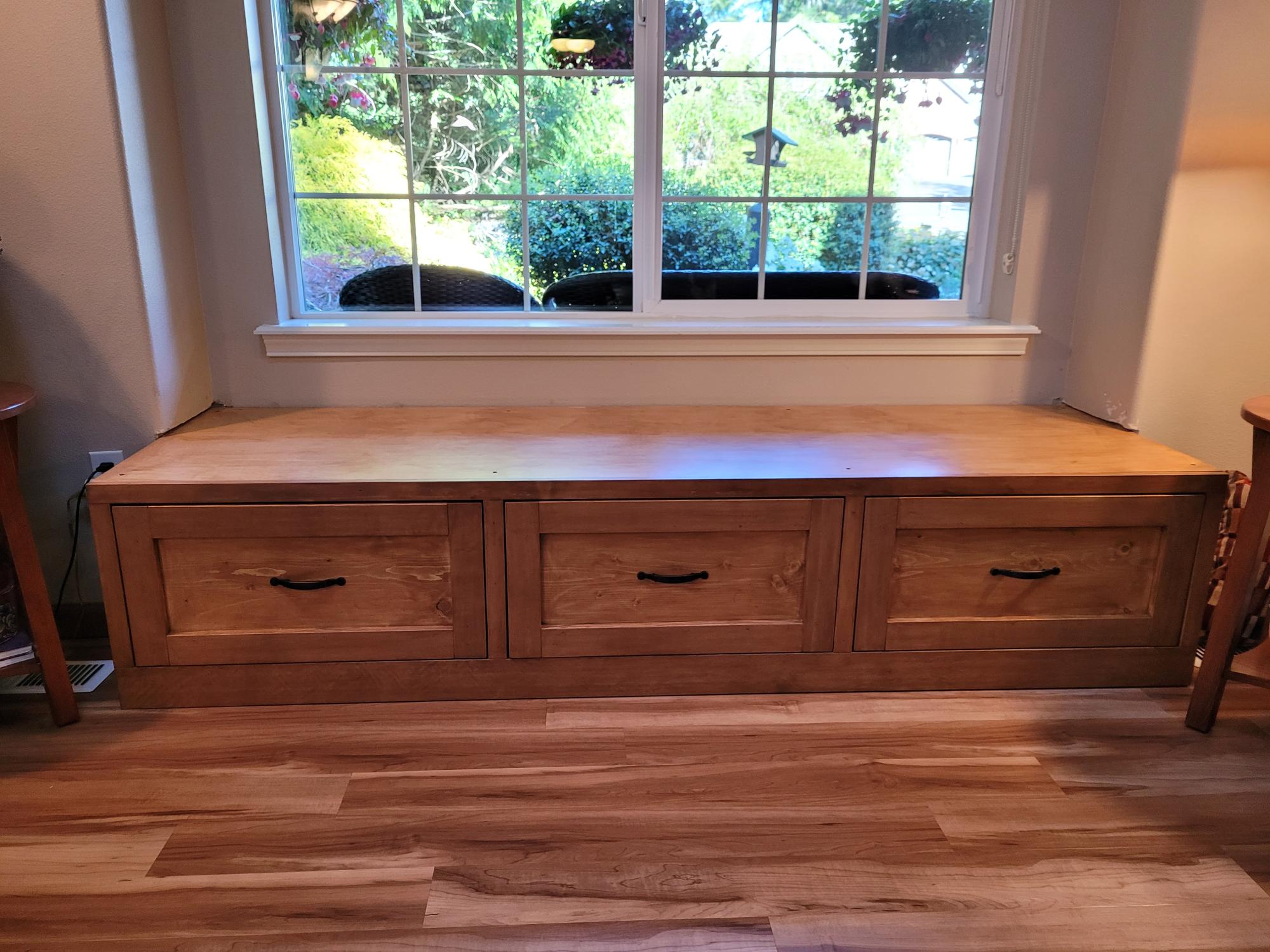 Oak window seat with outlet storage